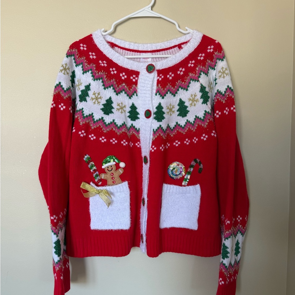 Holiday Time Red and White Christmas Cardigan